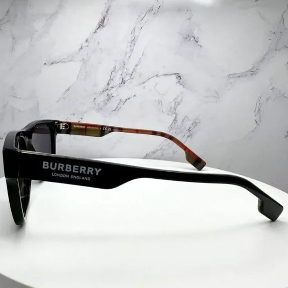Burberry Sunglasses Black Polarized Square White Logo Solid Checkere - Picture 9 of 9